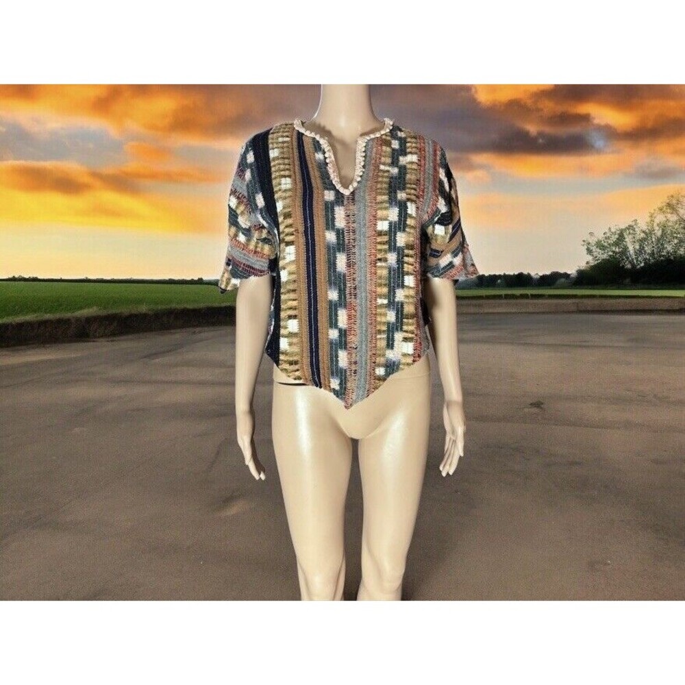 Vintage Abstract Ethnic Print Blouse By Langtry 3/4 Sleeve Top Size Large 70s